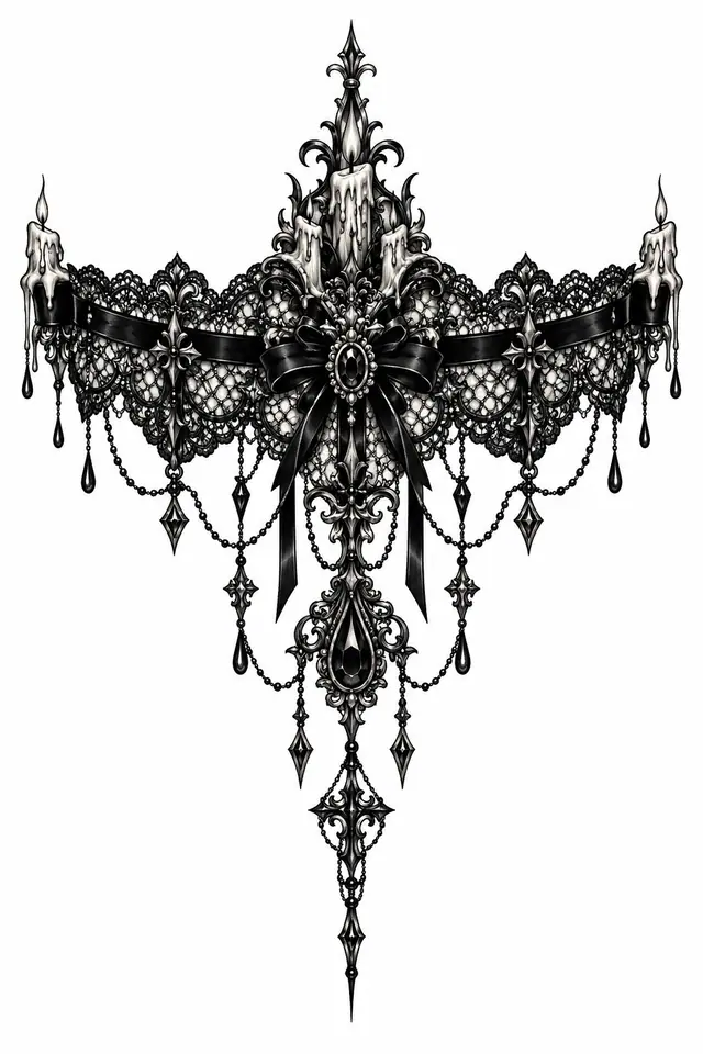 Blackwork gothic lace tattoo design for the sternum