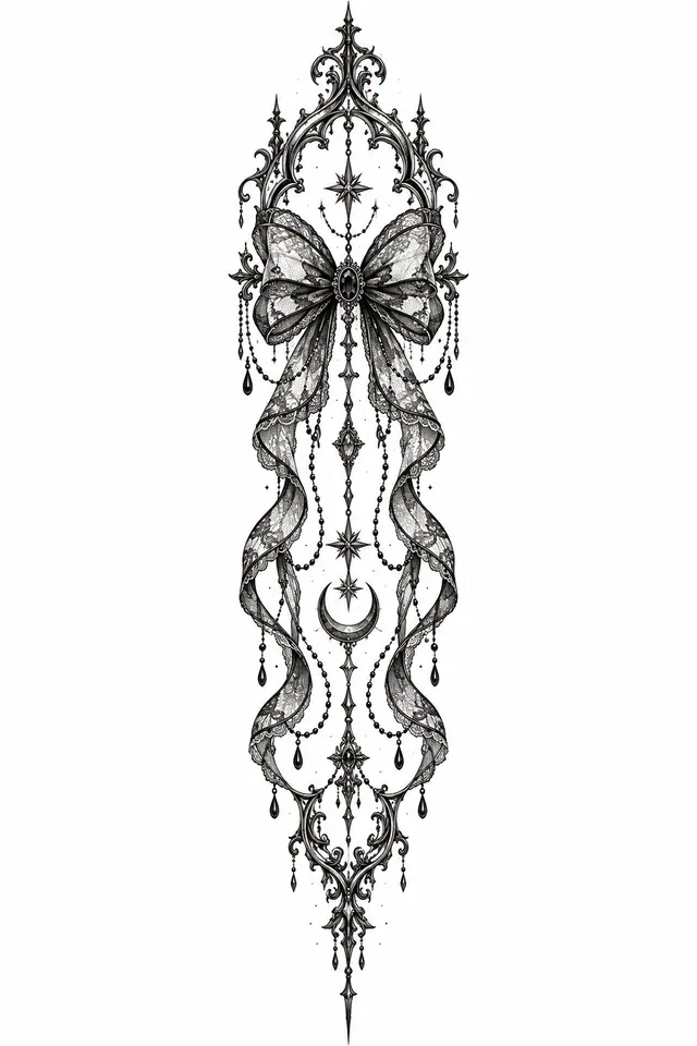 Dotwork gothic lace tattoo design for the spine