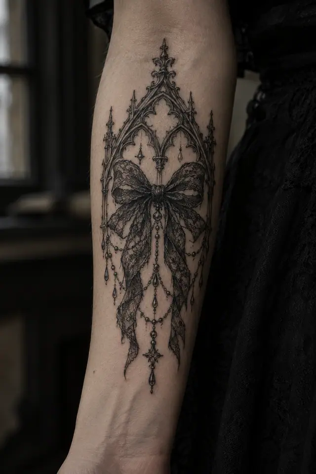 Engraving-style gothic lace tattoo on the forearm