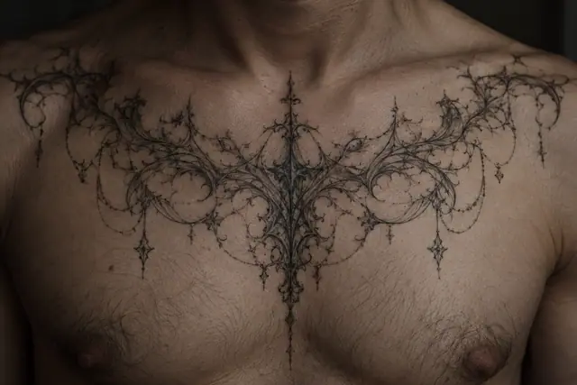 Fine-line gothic lace tattoo on the chest