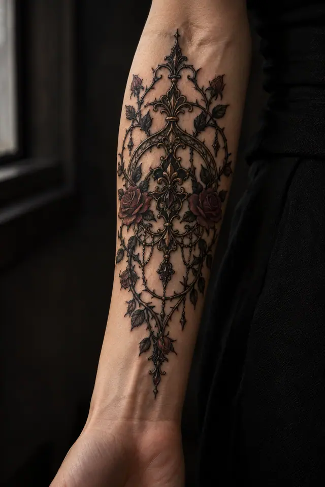 Neo-traditional gothic lace tattoo on the forearm