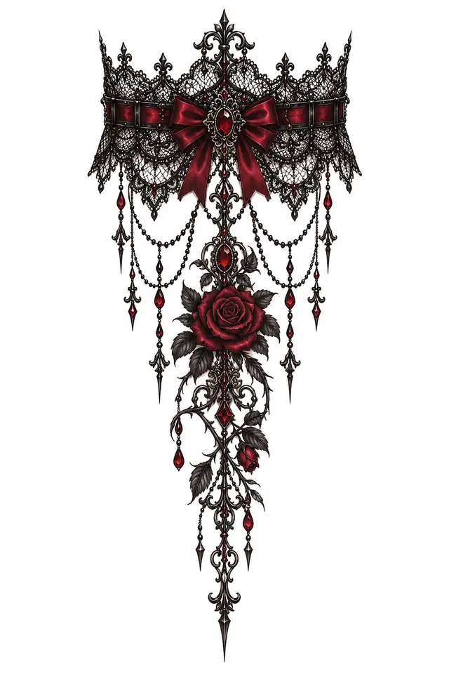 Red and black gothic lace tattoo design for the calf