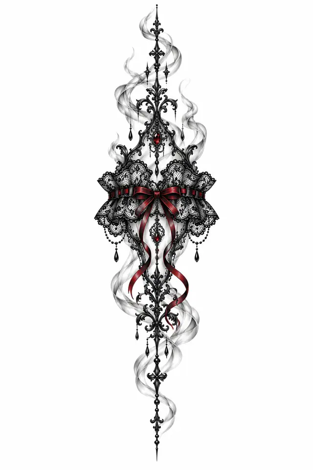 Red and black gothic lace tattoo design for the spine