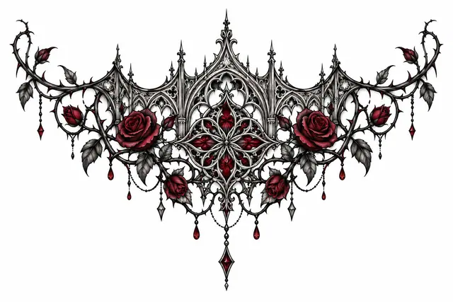 Red and black gothic lace tattoo design for the throat