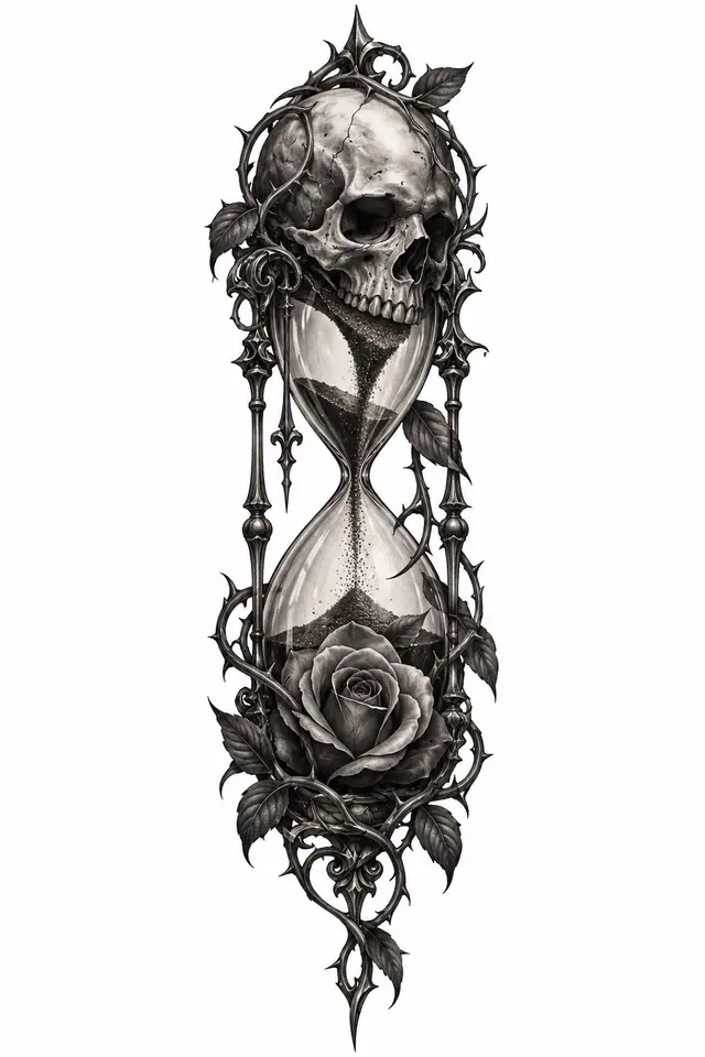 Black and grey memento mori tattoo design for the calf