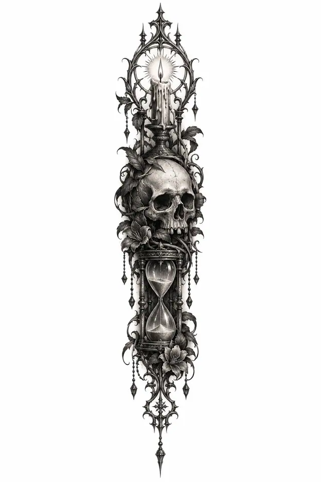 Black and grey memento mori tattoo design for the spine