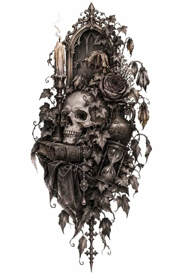 Black and grey memento mori tattoo design for the thigh