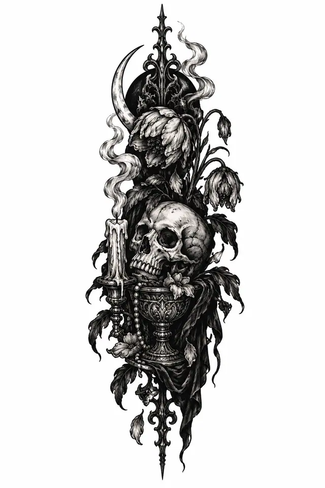 Blackwork memento mori tattoo design for the calf