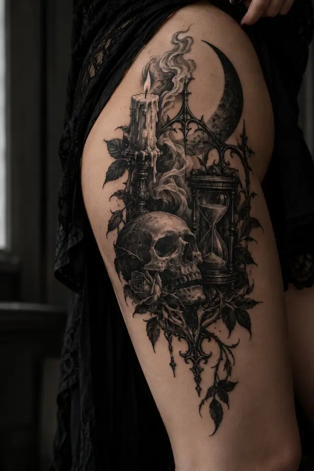 Blackwork memento mori tattoo on the thigh