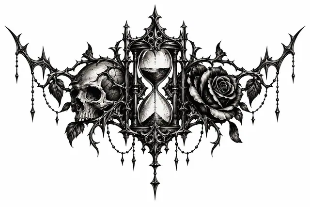 Blackwork memento mori tattoo design for the throat