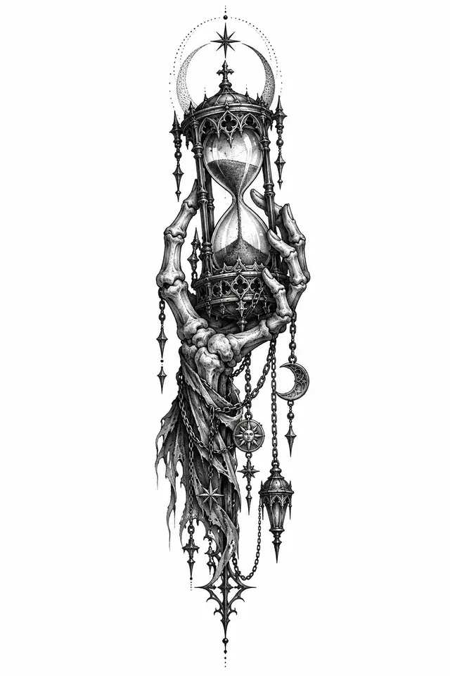 Dotwork memento mori tattoo design for the calf