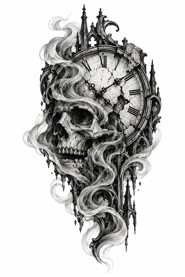 Dotwork memento mori tattoo design for the upper arm (half sleeve)