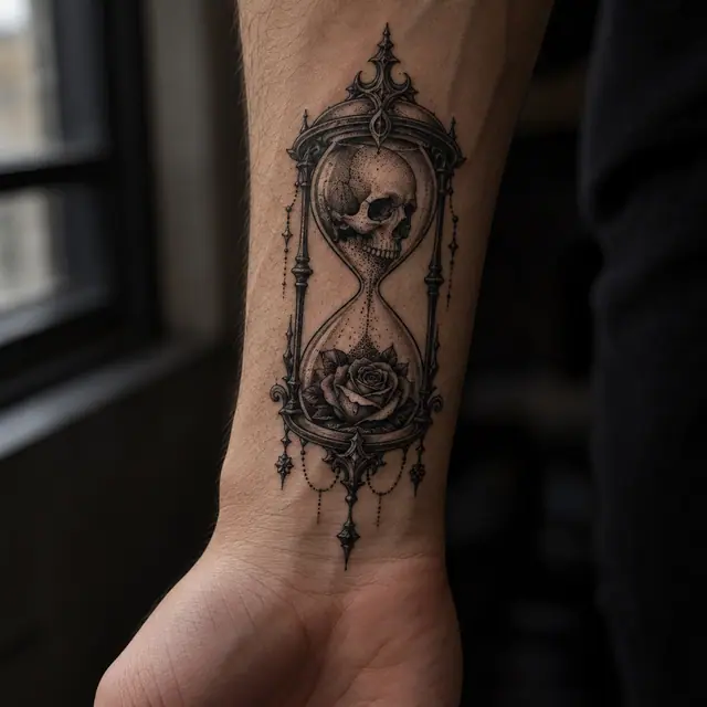 Dotwork memento mori tattoo on the wrist
