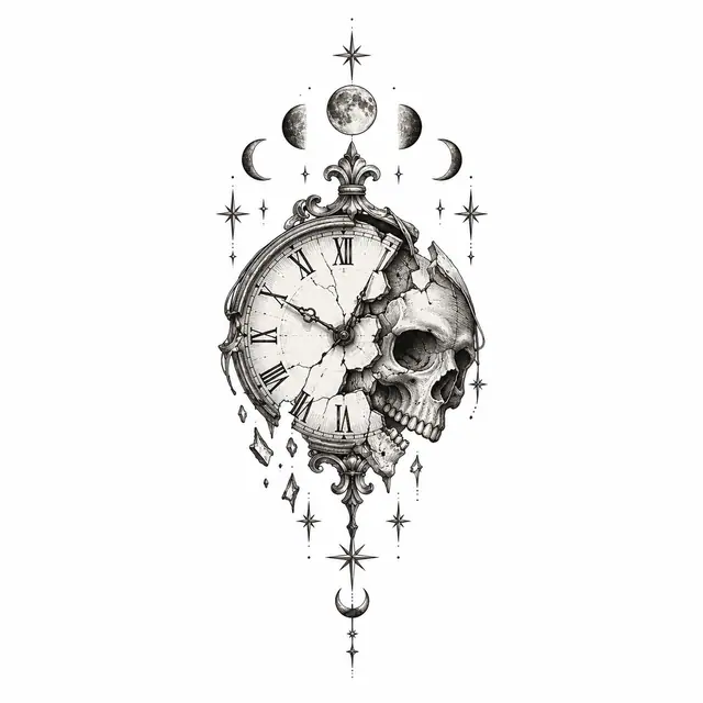 Engraving-style memento mori tattoo design for the ankle