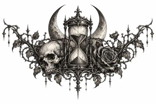 Engraving-style memento mori tattoo design for the chest