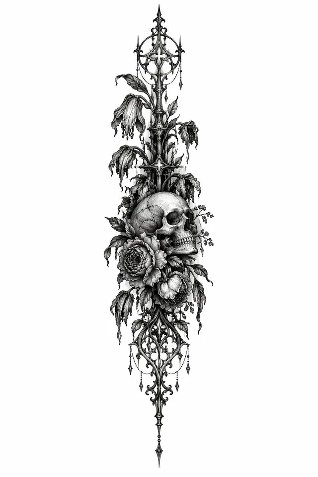 Engraving-style memento mori tattoo design for the spine