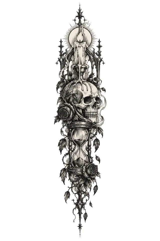 Engraving-style memento mori tattoo design for the spine