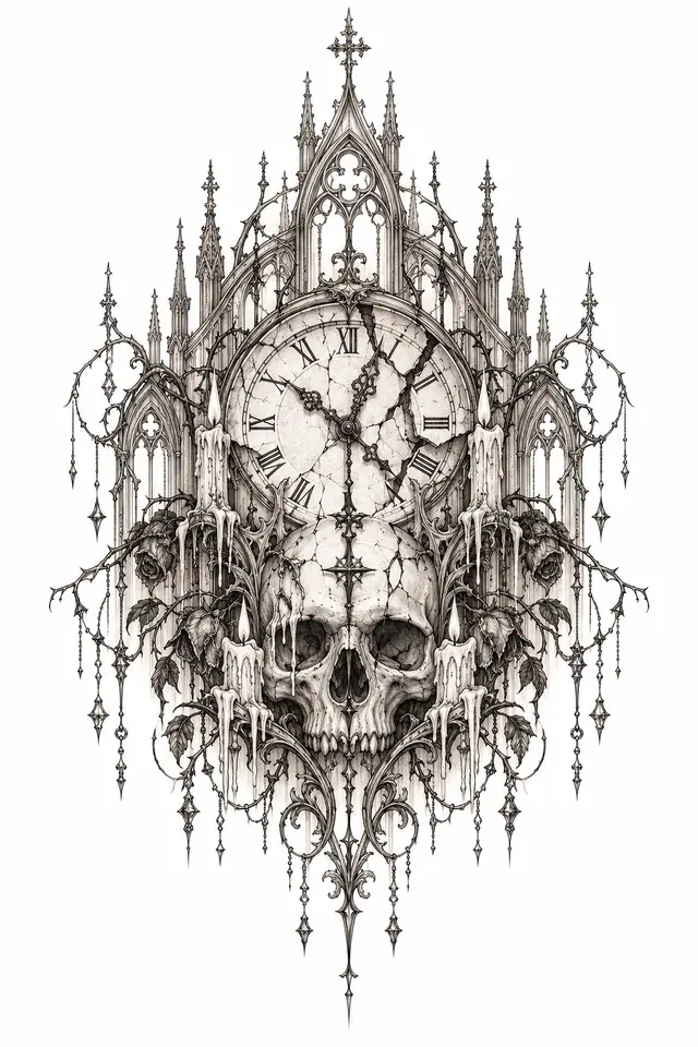 Fine-line memento mori tattoo design for the back