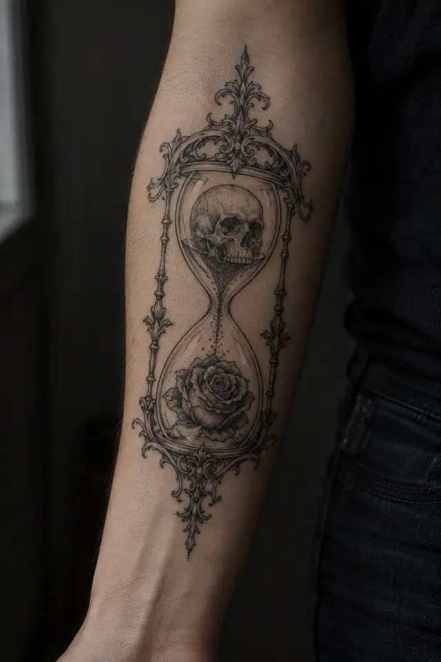 Fine-line memento mori tattoo on the forearm