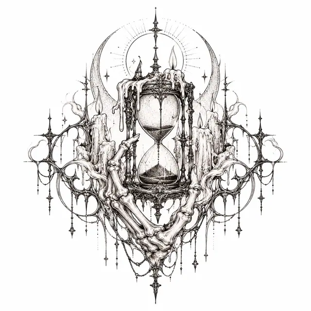 Fine-line memento mori tattoo design for the shoulder
