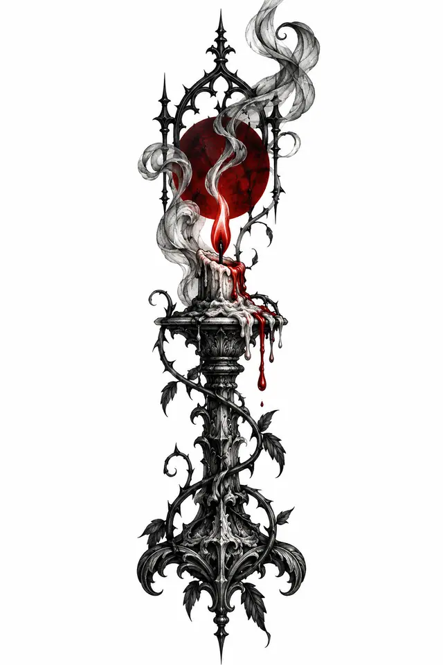 Red and black memento mori tattoo design for the calf