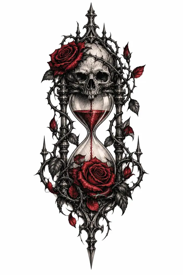 Red and black memento mori tattoo design for the hand
