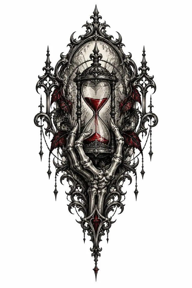 Red and black memento mori tattoo design for the sternum