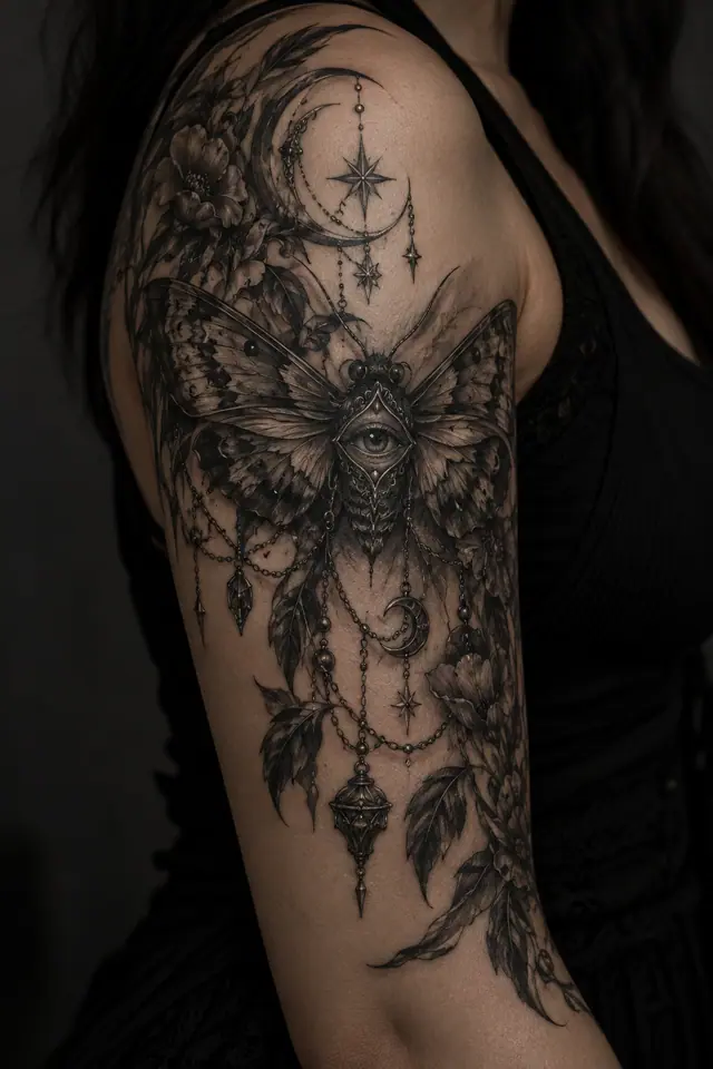 Black and grey gothic moth tattoo on the upper arm (half sleeve)
