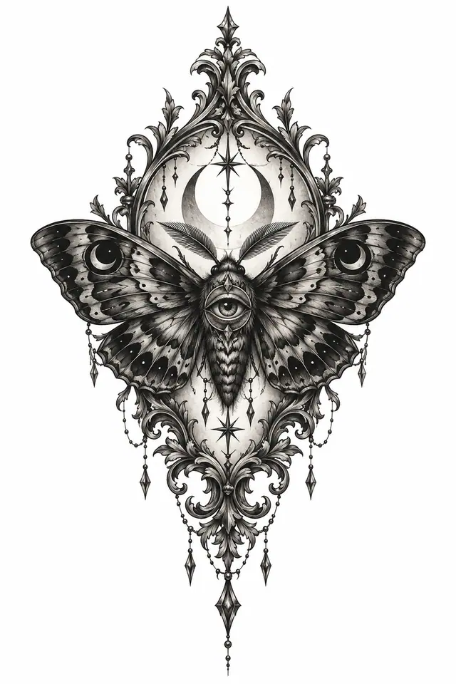 Black and grey gothic moth tattoo design for the sternum