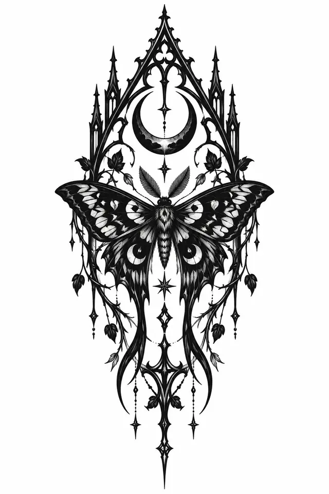 Blackwork gothic moth tattoo design for the calf