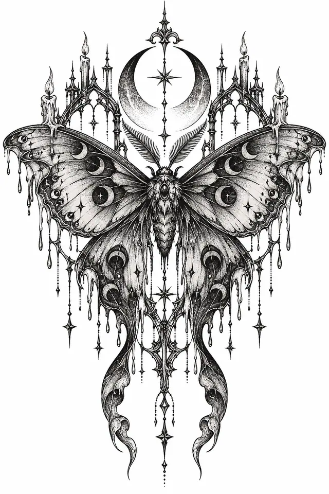 Dotwork gothic moth tattoo design for the back