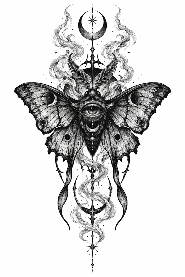 Dotwork gothic moth tattoo design for the calf