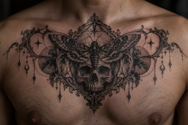 Dotwork gothic moth tattoo on the chest