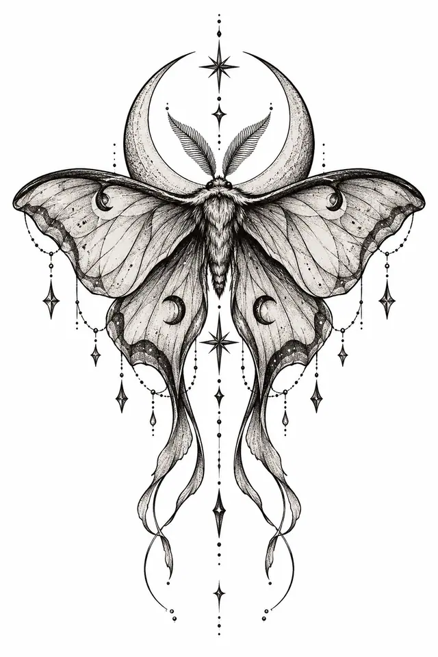 Dotwork gothic moth tattoo design for the hand