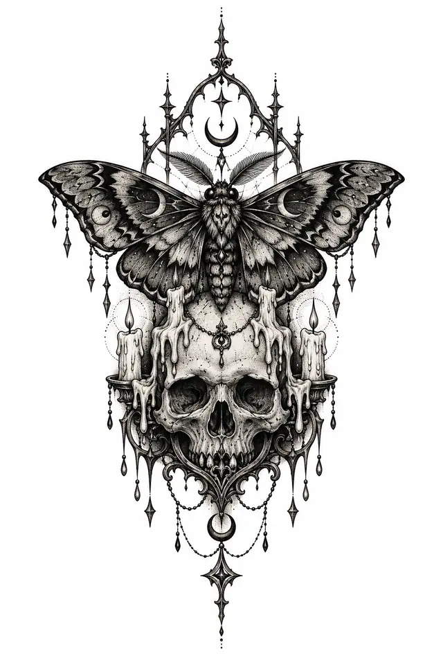 Dotwork gothic moth tattoo design for the sternum