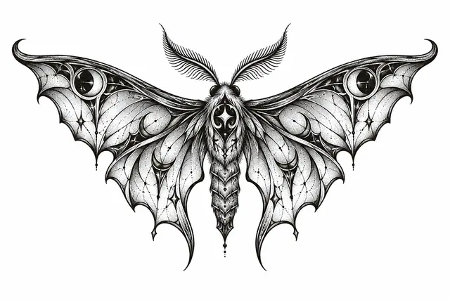 Dotwork gothic moth tattoo design for the throat
