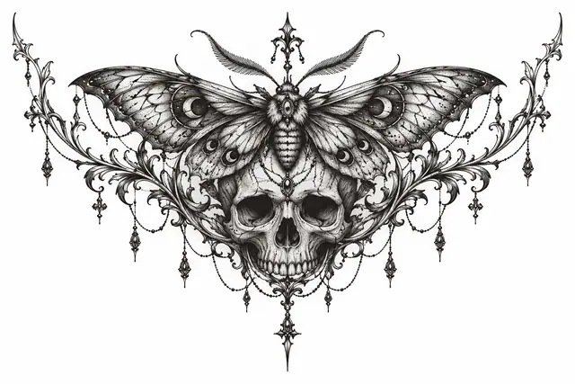 Dotwork gothic moth tattoo design for the throat