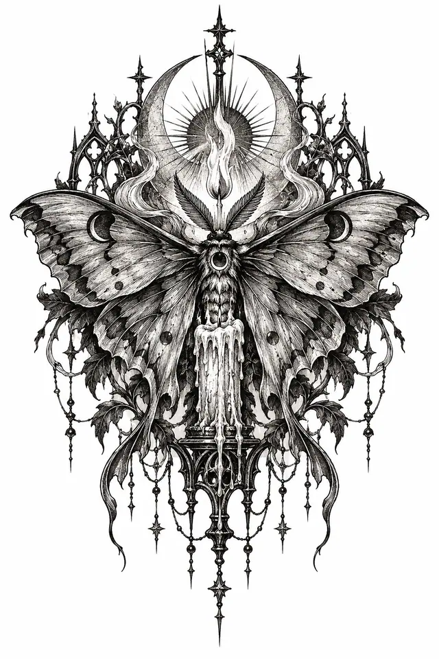 Engraving-style gothic moth tattoo design for the back