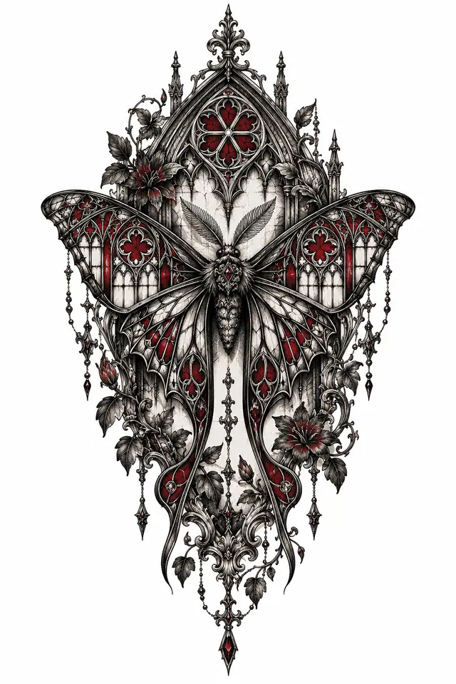 Engraving-style gothic moth tattoo design for the thigh