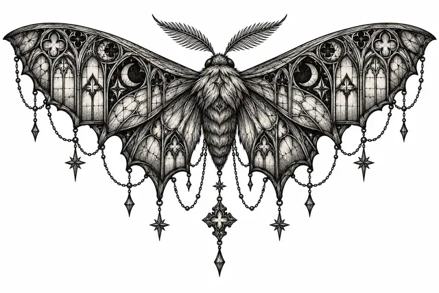Engraving-style gothic moth tattoo design for the throat
