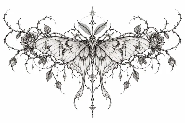Fine-line gothic moth tattoo design for the chest