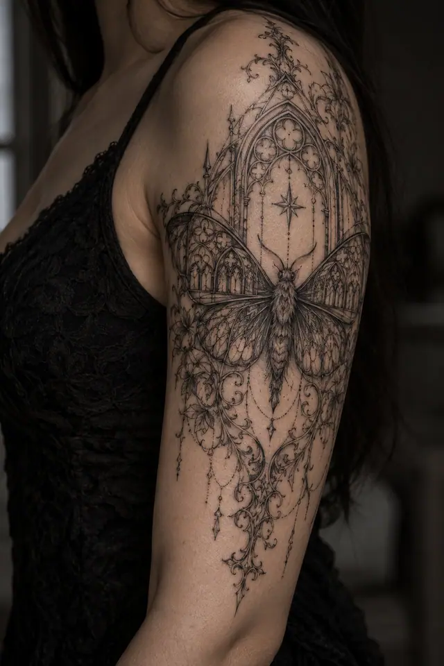Fine-line gothic moth tattoo on the upper arm (half sleeve)
