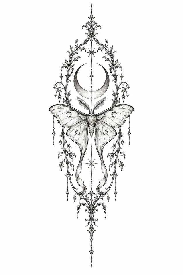 Fine-line gothic moth tattoo design for the spine
