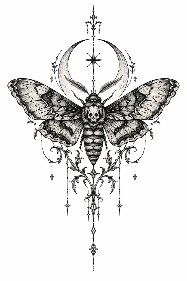 Fine-line gothic moth tattoo design for the sternum