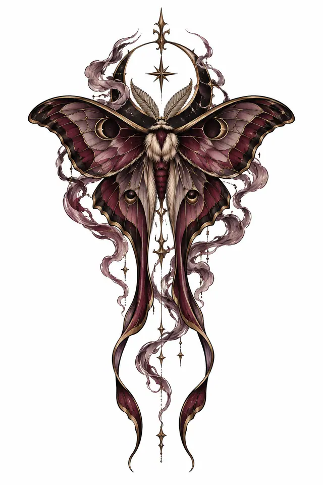 Neo-traditional gothic moth tattoo design for the thigh