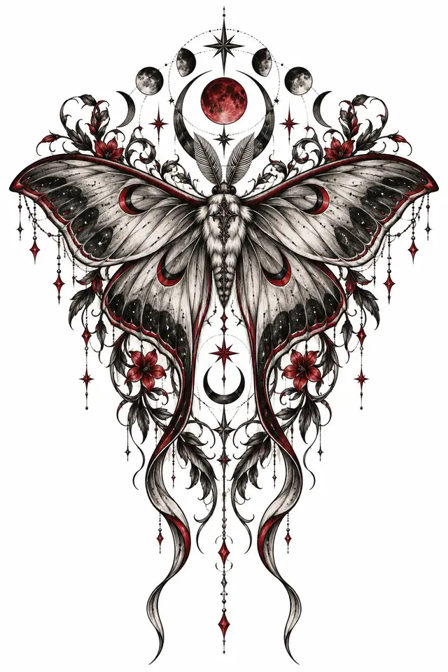 Red and black gothic moth tattoo design for the back