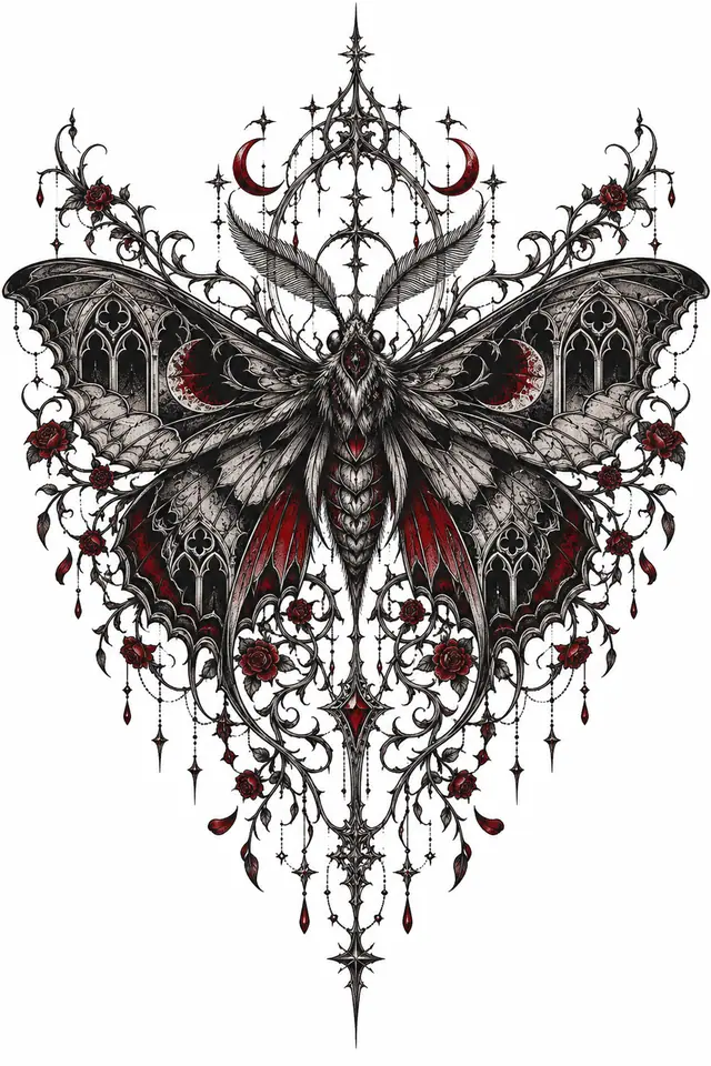Red and black gothic moth tattoo design for the back