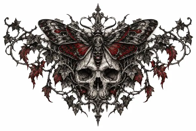 Red and black gothic moth tattoo design for the chest