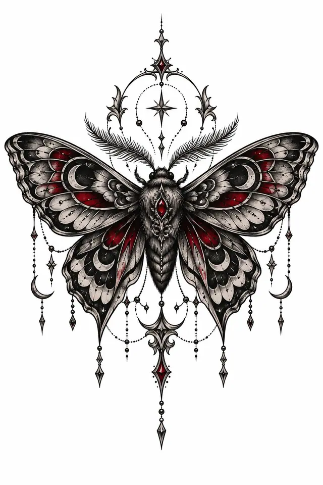 Red and black gothic moth tattoo design for the hand