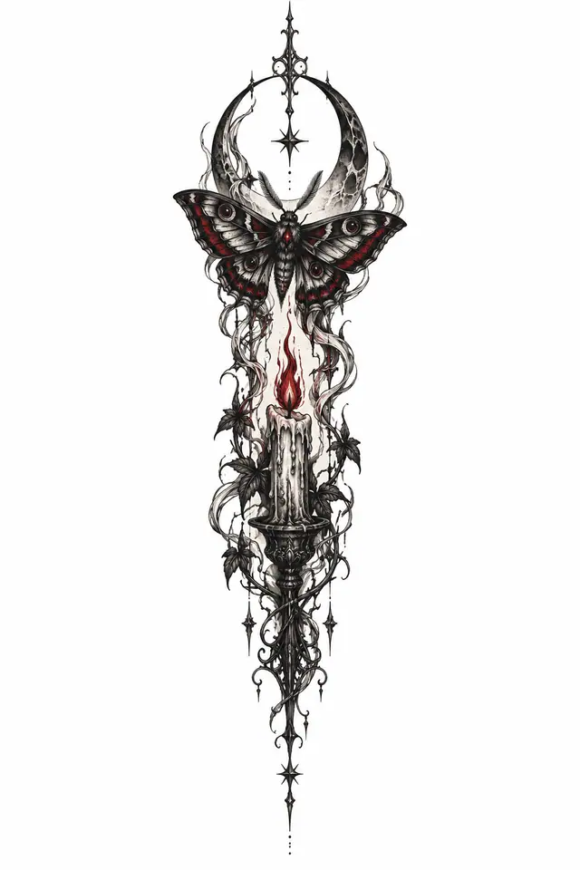 Red and black gothic moth tattoo design for the spine
